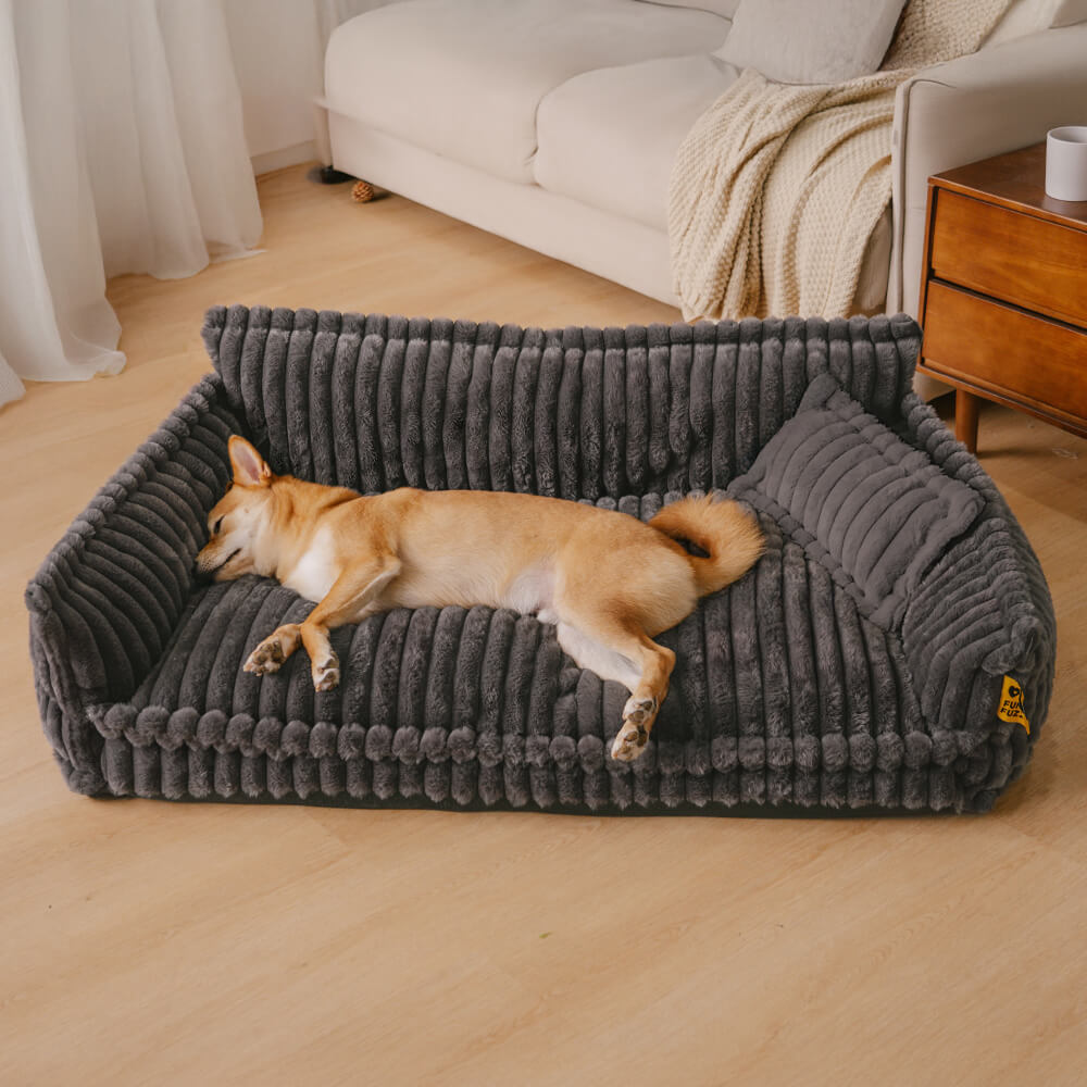Sofa Orthopédique Best-Seller avec Appui-Tête pour Chien | Mousse Gaufrée, Fausse Fourrure, 8 Coloris