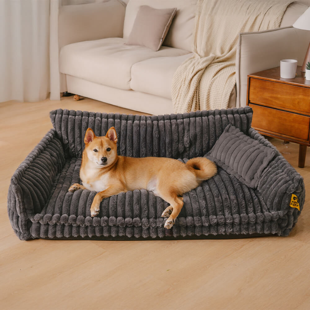 Sofa Orthopédique Best-Seller avec Appui-Tête pour Chien | Mousse Gaufrée, Fausse Fourrure, 8 Coloris
