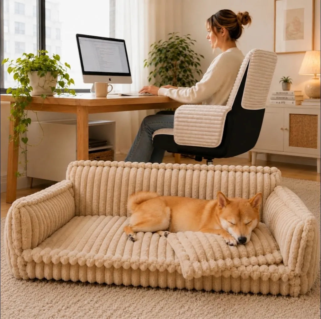 Sofa orthopédique pour chien avec appui-tête - chien installé sur le coussin