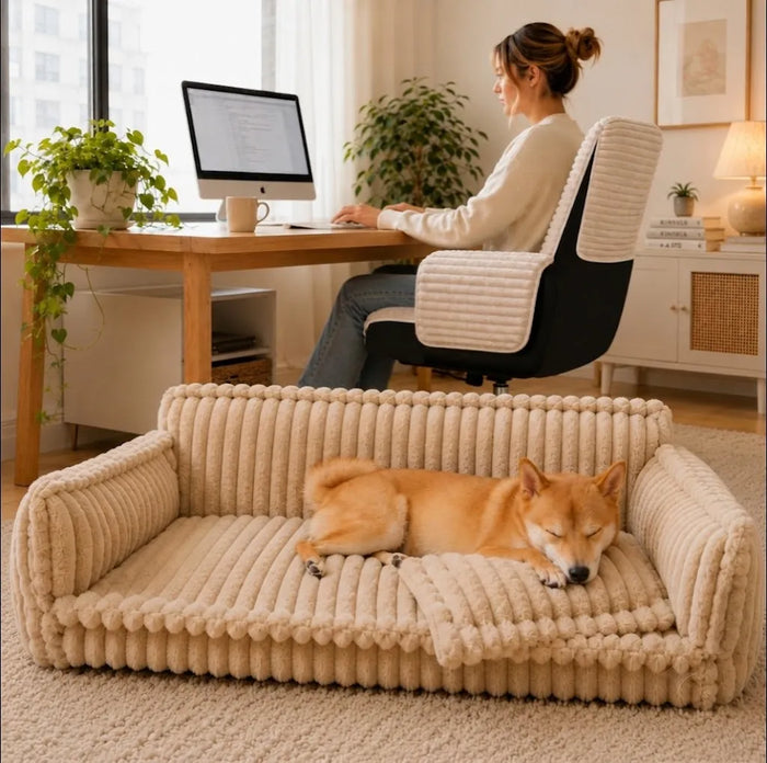 Sofa orthopédique pour chien avec appui-tête - chien installé sur le coussin