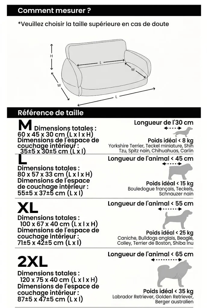 Sofa Moelleux Double Accoudoir pour Chien | Fausse Fourrure, Soutien Articulaire, 8 Coloris - Guide des tailles