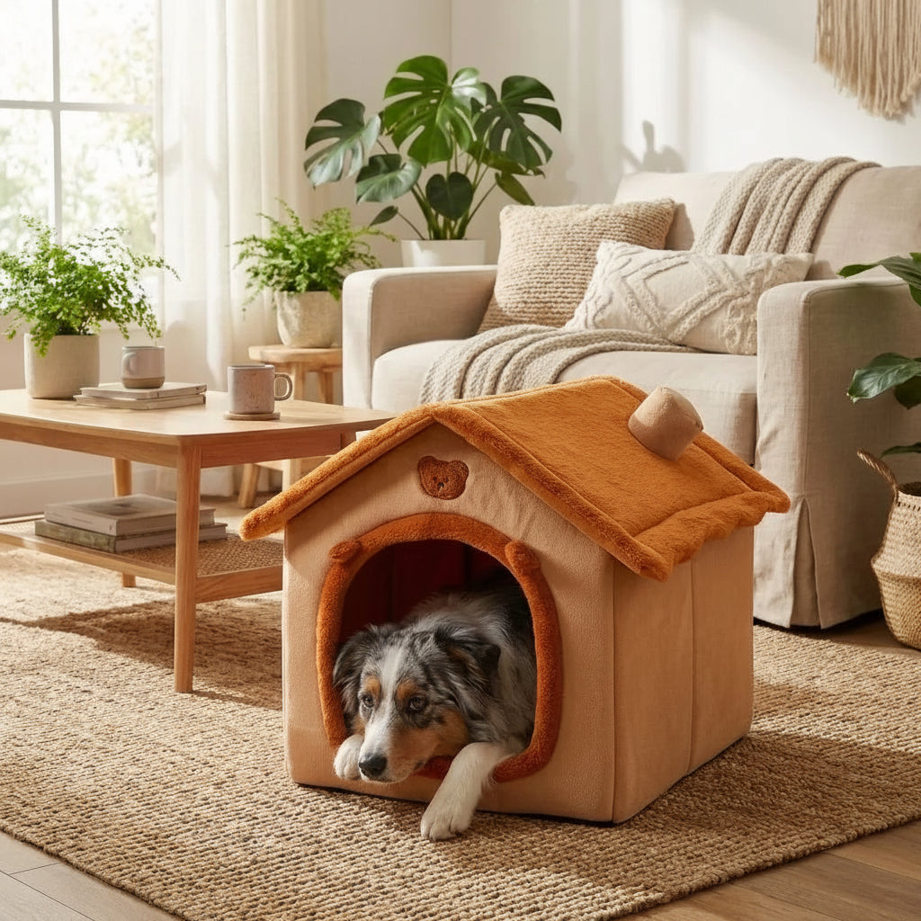 maison pour chien type cabane avec entree large et fond matelasse