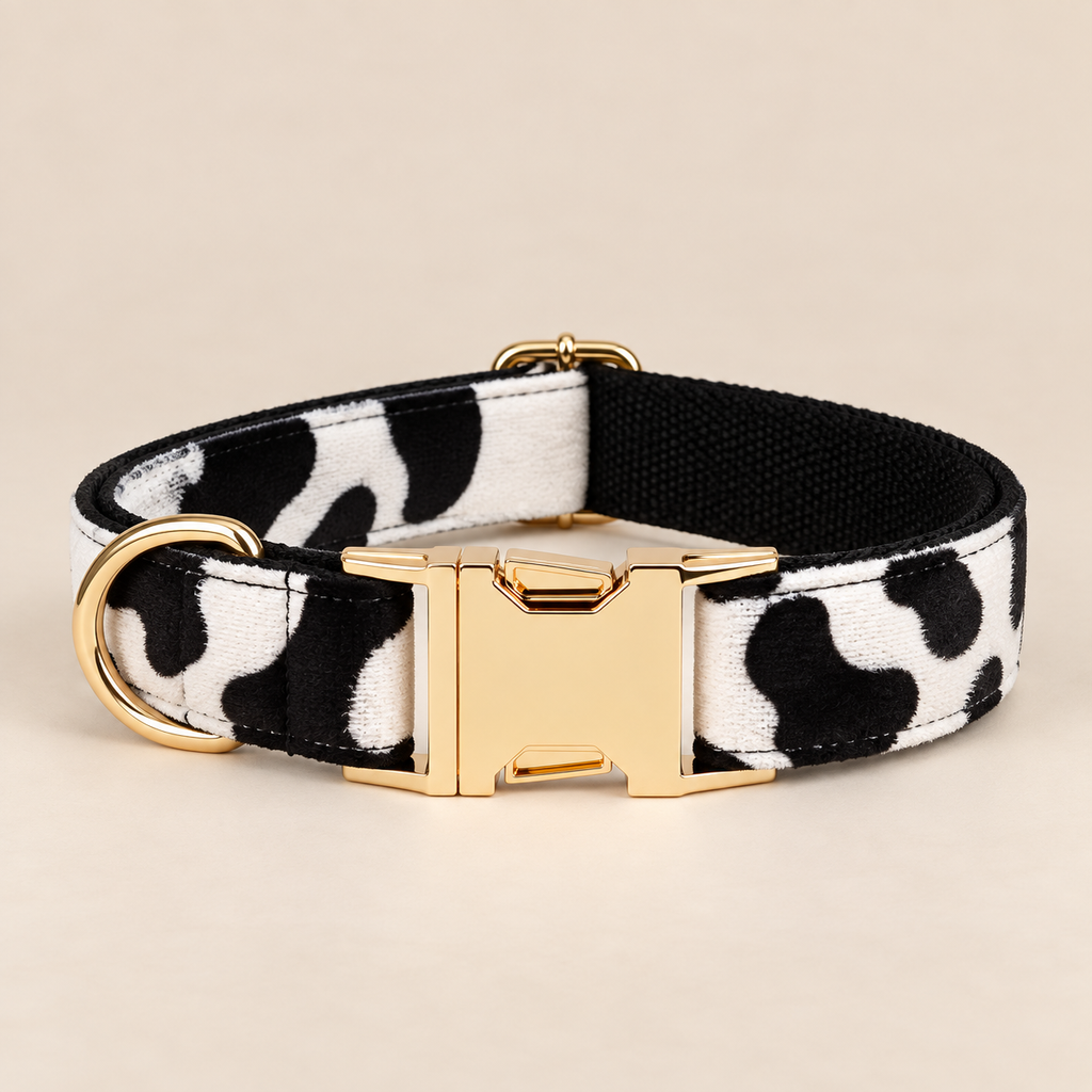 Collier pour Chien Moo Vache Noir & Blanc | Réglable XS à XL, Assorti Laisse & Harnais