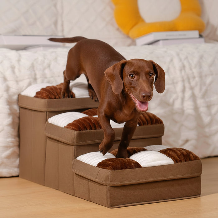Escalier orthopédique pour chien avec rangement intégré, vue d'ensemble motif damier