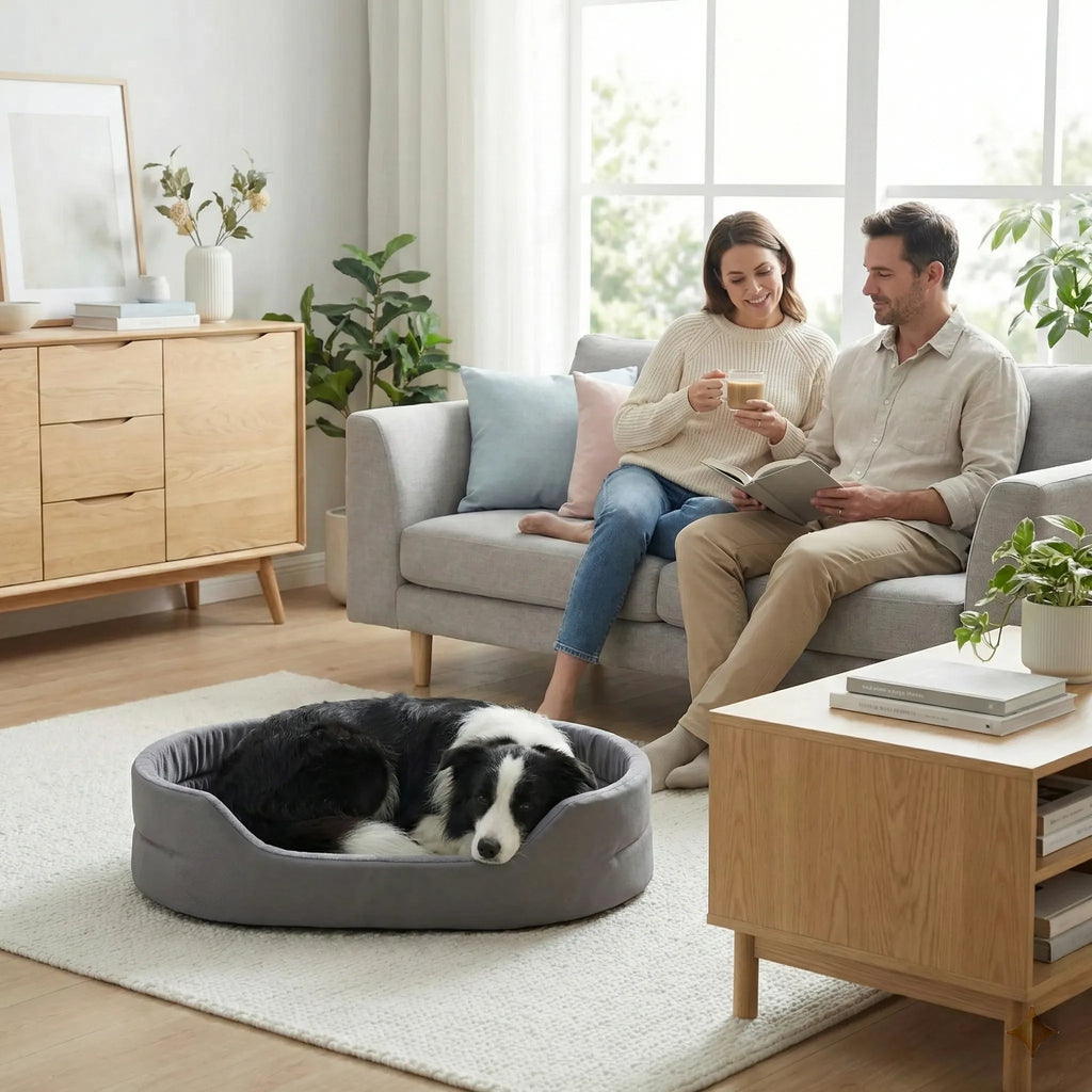 chien couche dans un panier confortable dans un salon