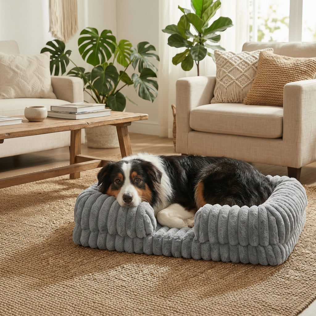couchage rectangulaire pour chien avec rebords rembourres et base stable