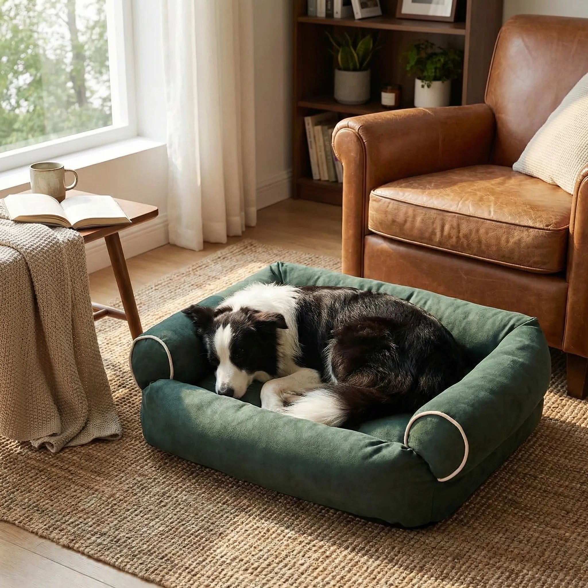couchage pour chien type canape avec dossier haut et assise epaisse