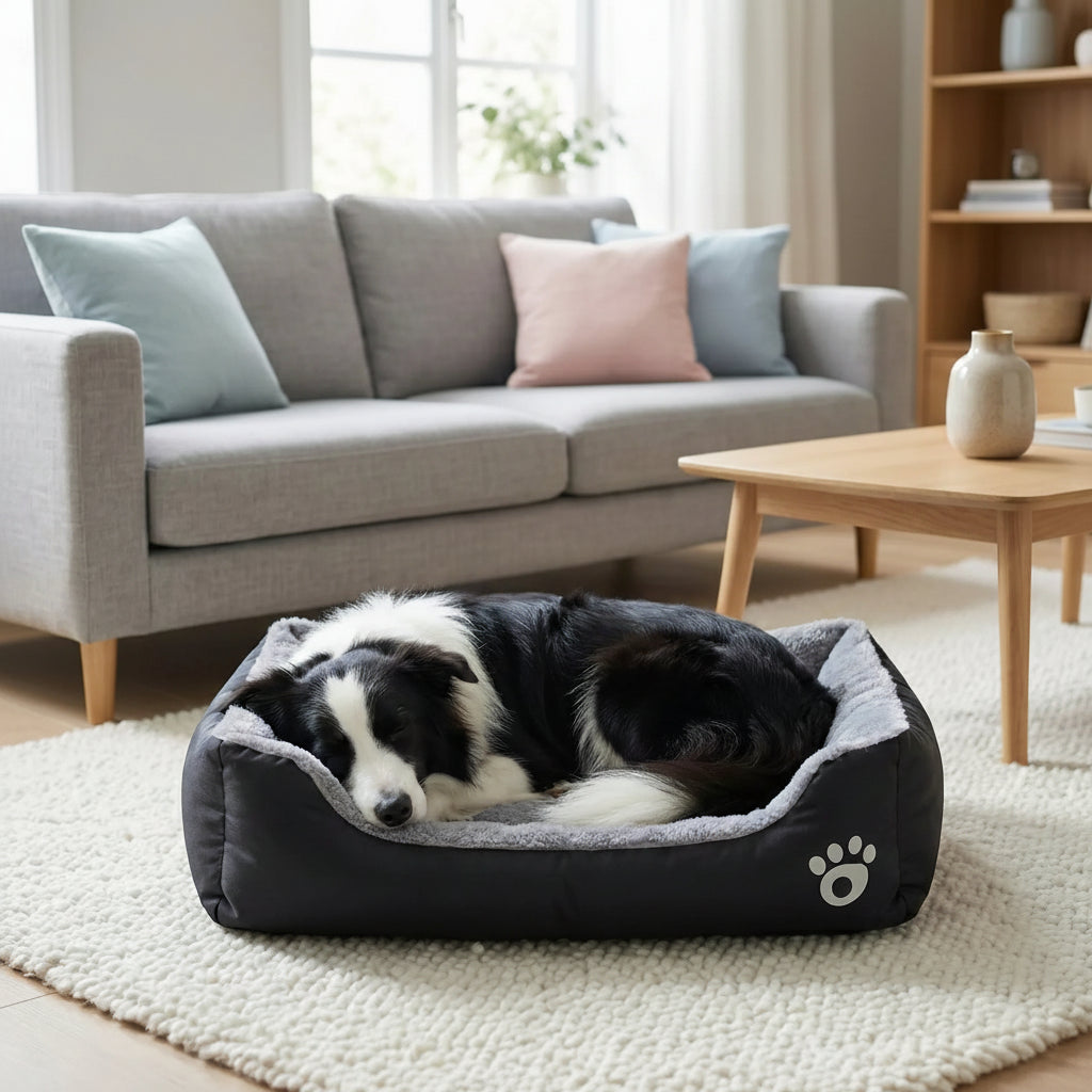 Panier pour chien avec coussin central capitonne et rebords matelasses