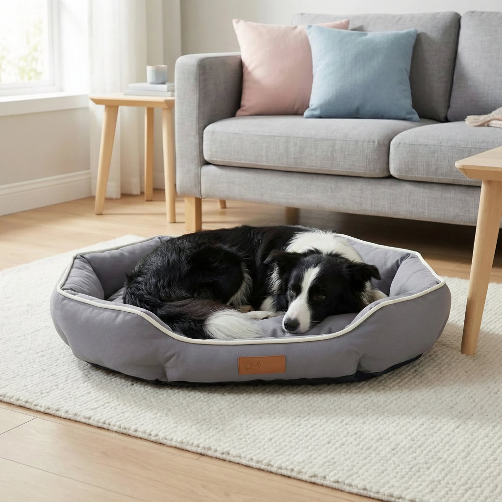Panier rectangulaire pour chien avec interieur capitonne et rebords protecteurs