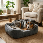 couchage pour chien avec rebords epais et zone centrale plate