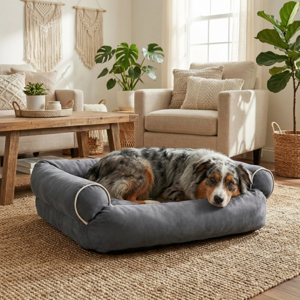 couchage pour chien rectangulaire avec contours epais et maintien lateral