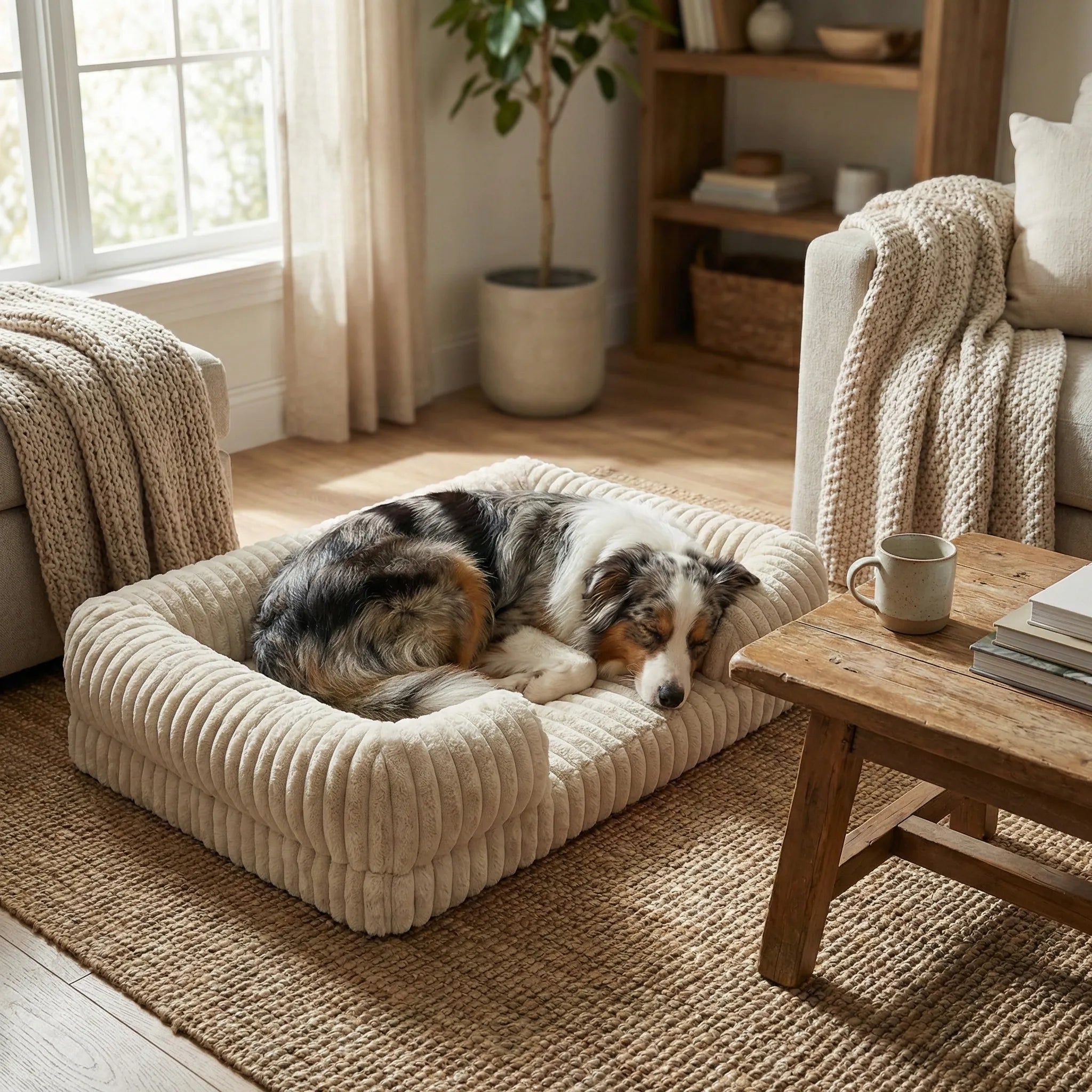 couchage pour chien en tissu doux avec rebords volumineux et centre plat