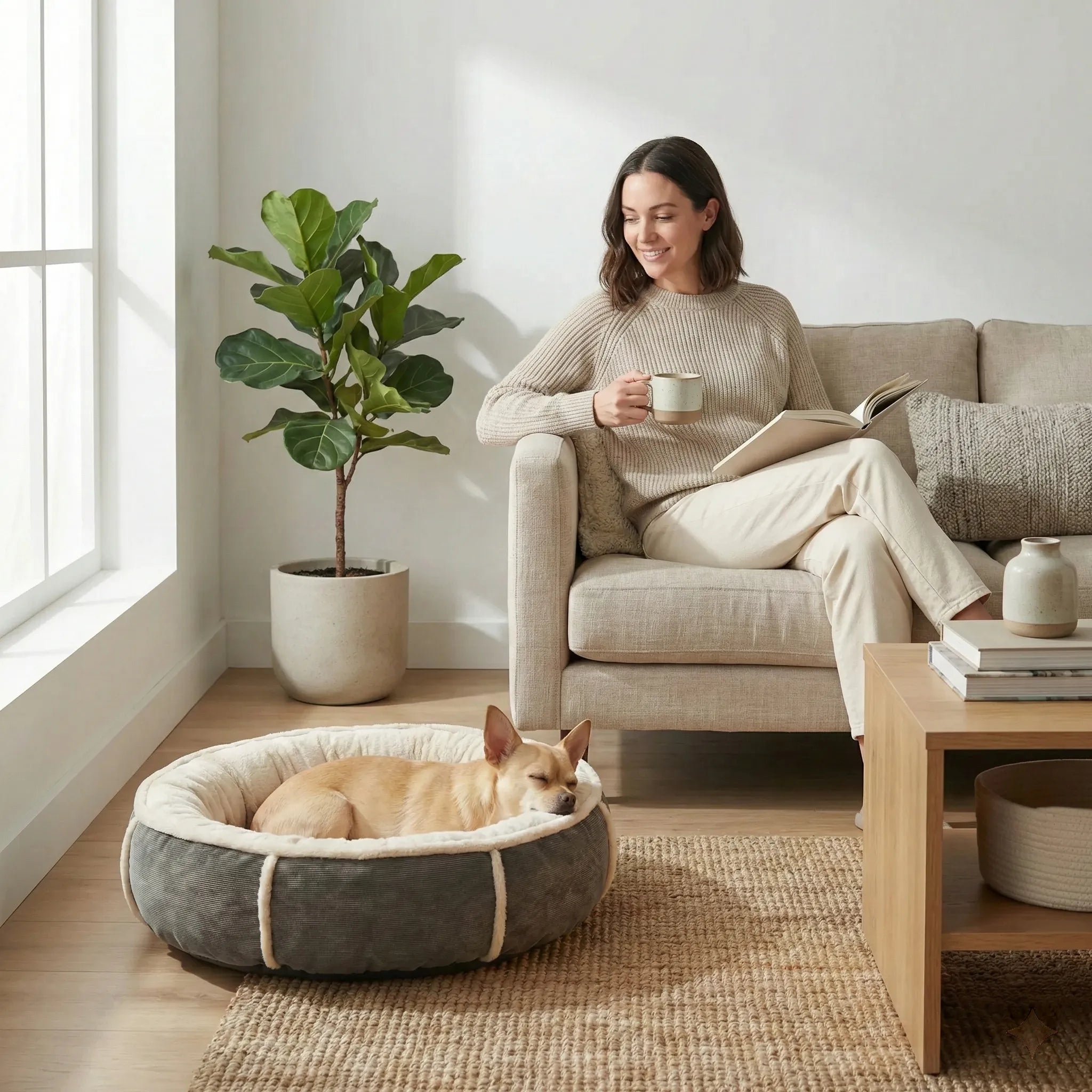 couchage pour chien de forme arrondie avec rebords stables et centre doux