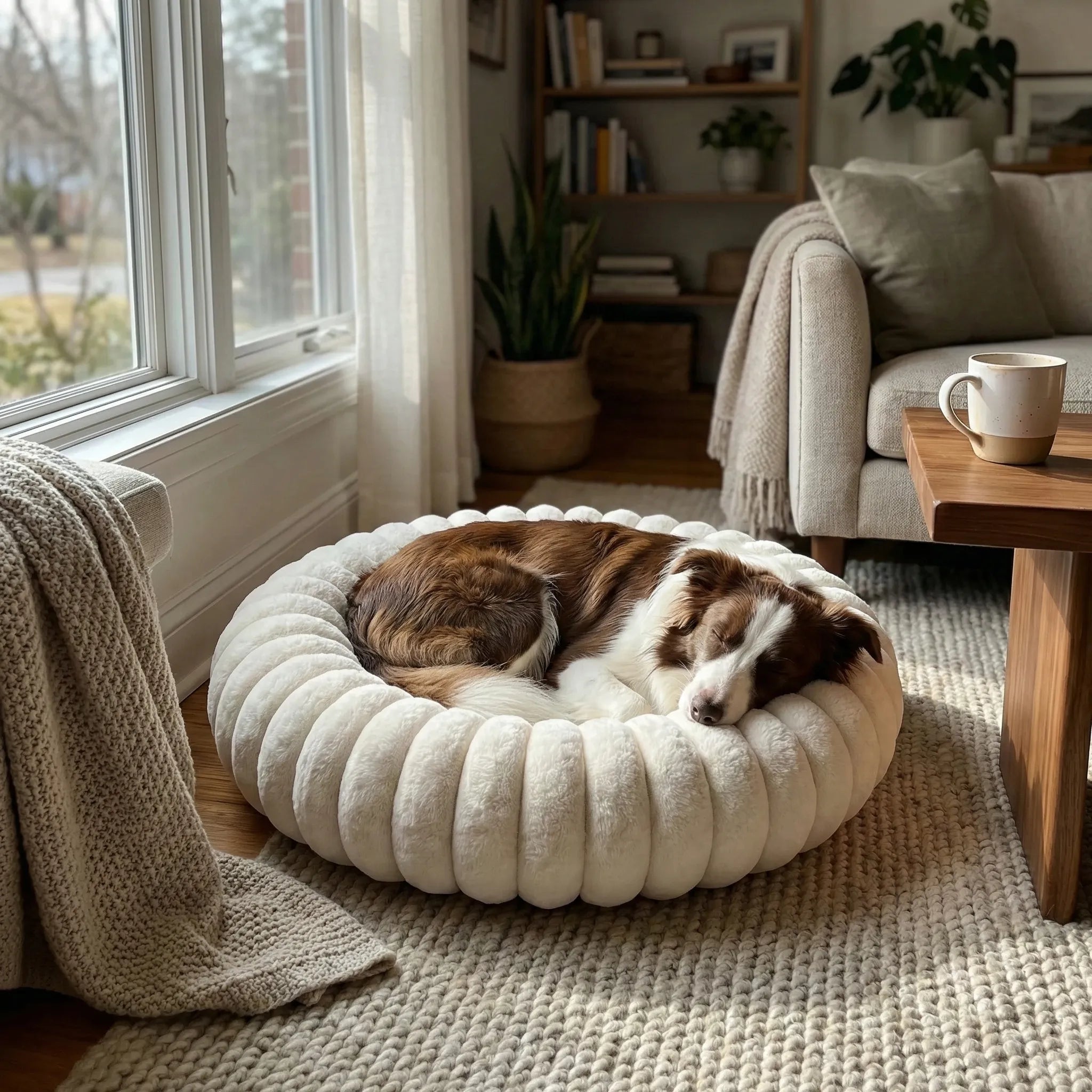 Lit circulaire pour chien avec rembourrage ergonomique et surface douce