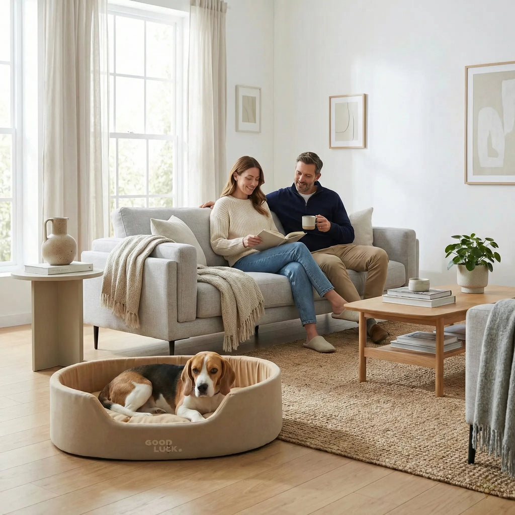 couchage pour chien de forme arrondie avec structure ferme et coussin epais