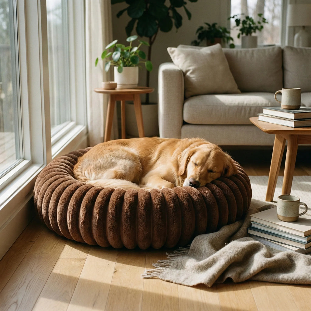 Panier circulaire rembourre offrant un cocon confortable pour chien