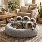 Lit circulaire avec rebords hauts et finition peluche style coussinet