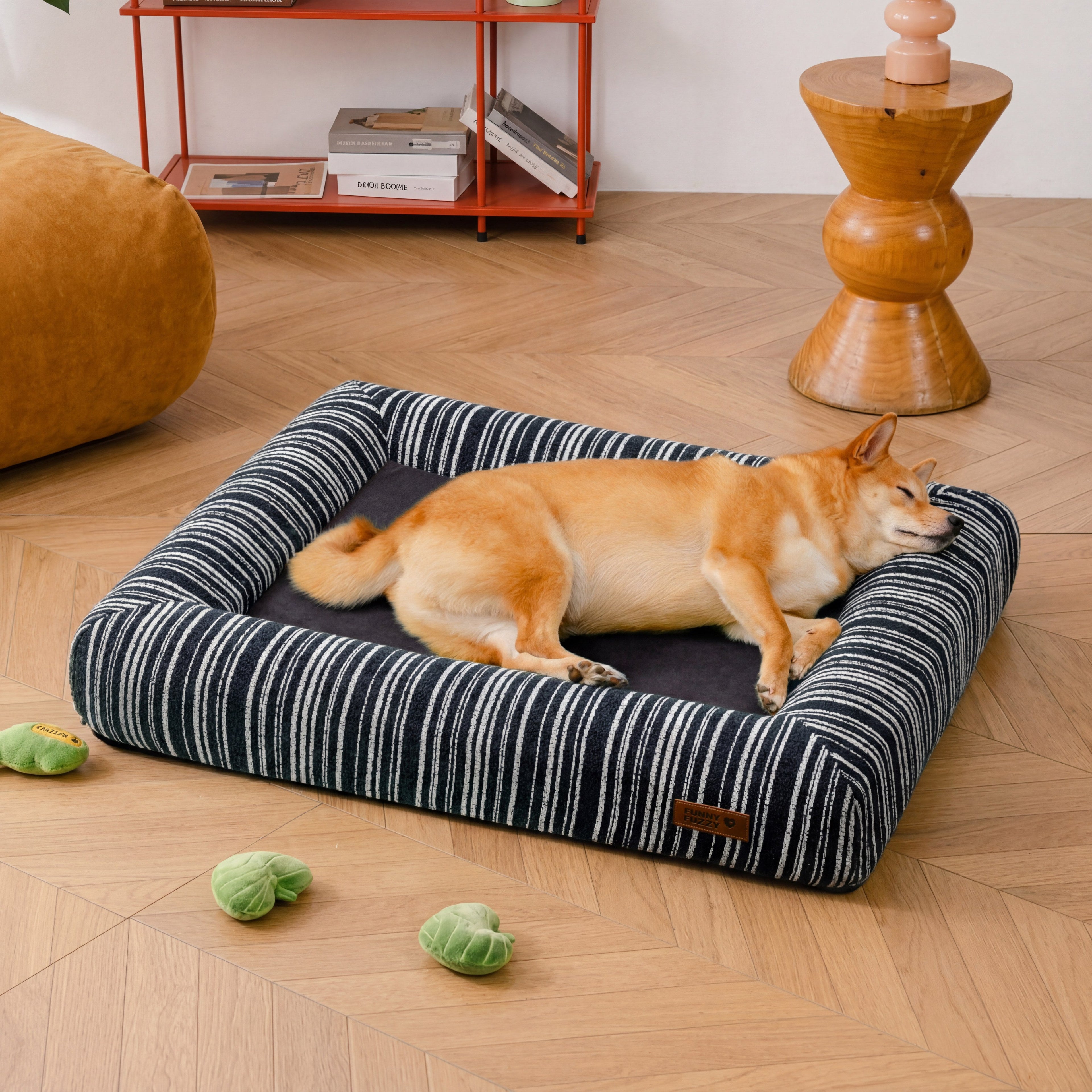 Lit Orthopédique Rayé Toutes Saisons pour Chien | Base Gaufrée, Rebords Bolster, Lavable, Antidérapant
