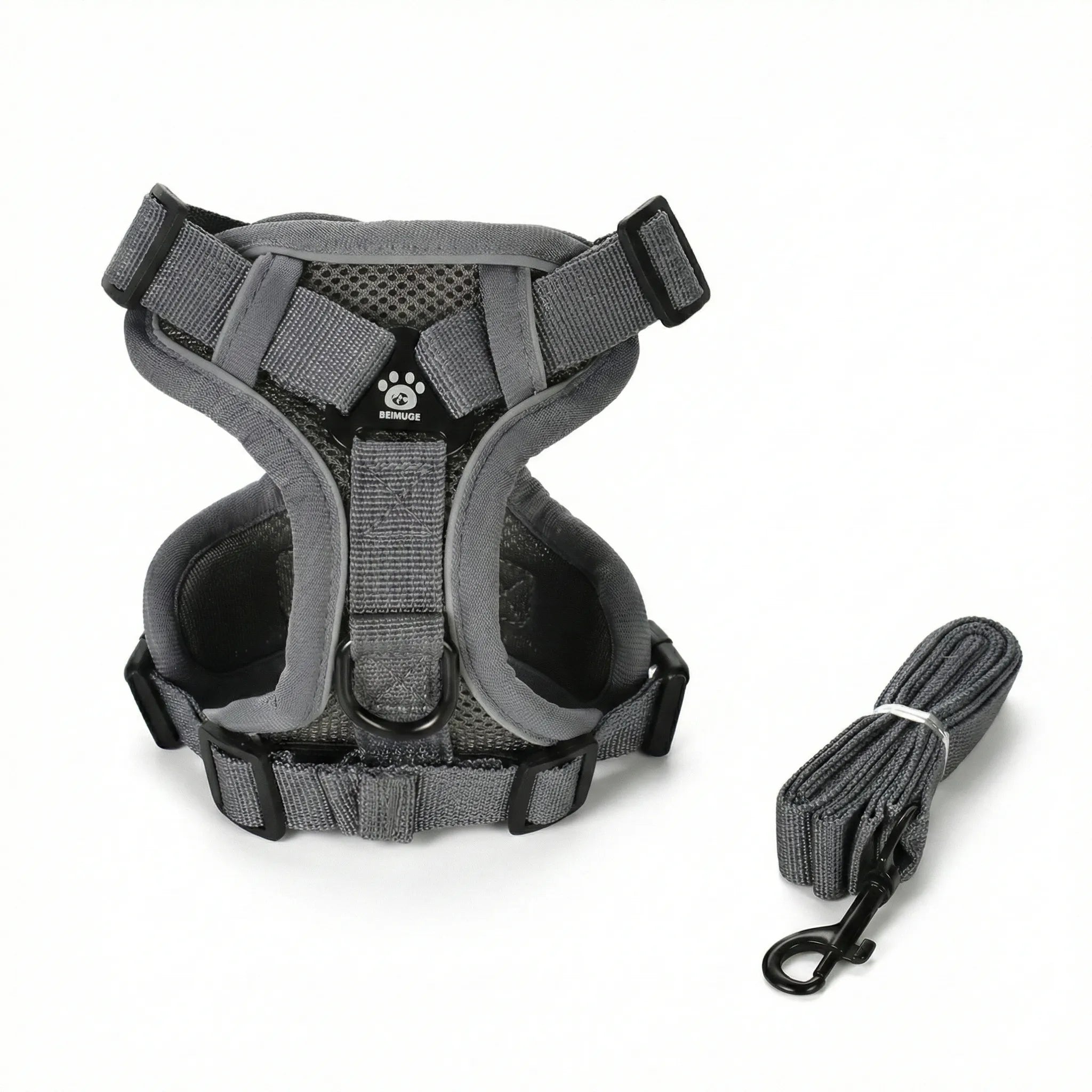 Kit harnais et laisse pour chien de couleur gris moderne, fabriqué en tissu maillé confortable.