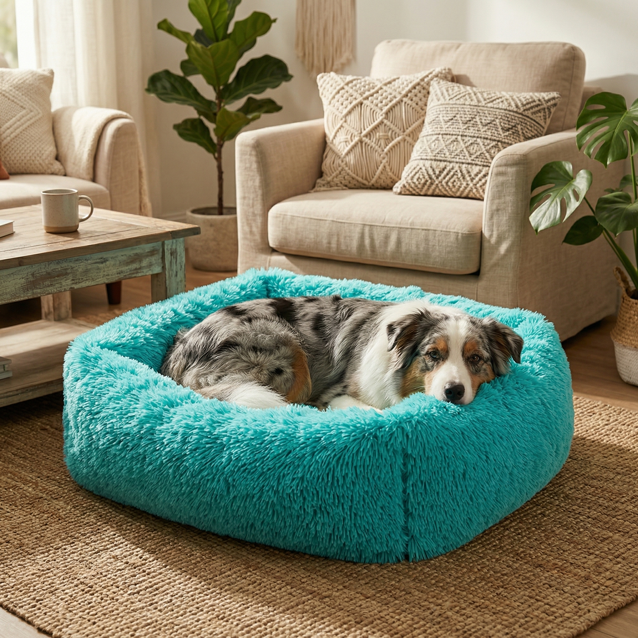 Panier Carré Peluche Apaisant pour Chien | Ultra-Moelleux & Lavable Machine