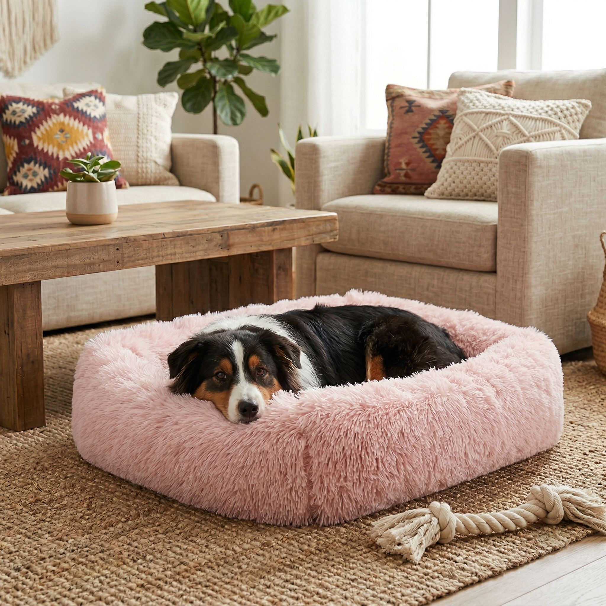 Panier Carré Peluche Apaisant pour Chien | Ultra-Moelleux & Lavable Machine