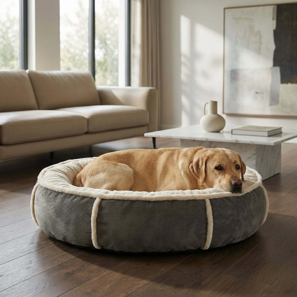 lit pour chien de forme ronde avec rebords hauts et assise moelleuse