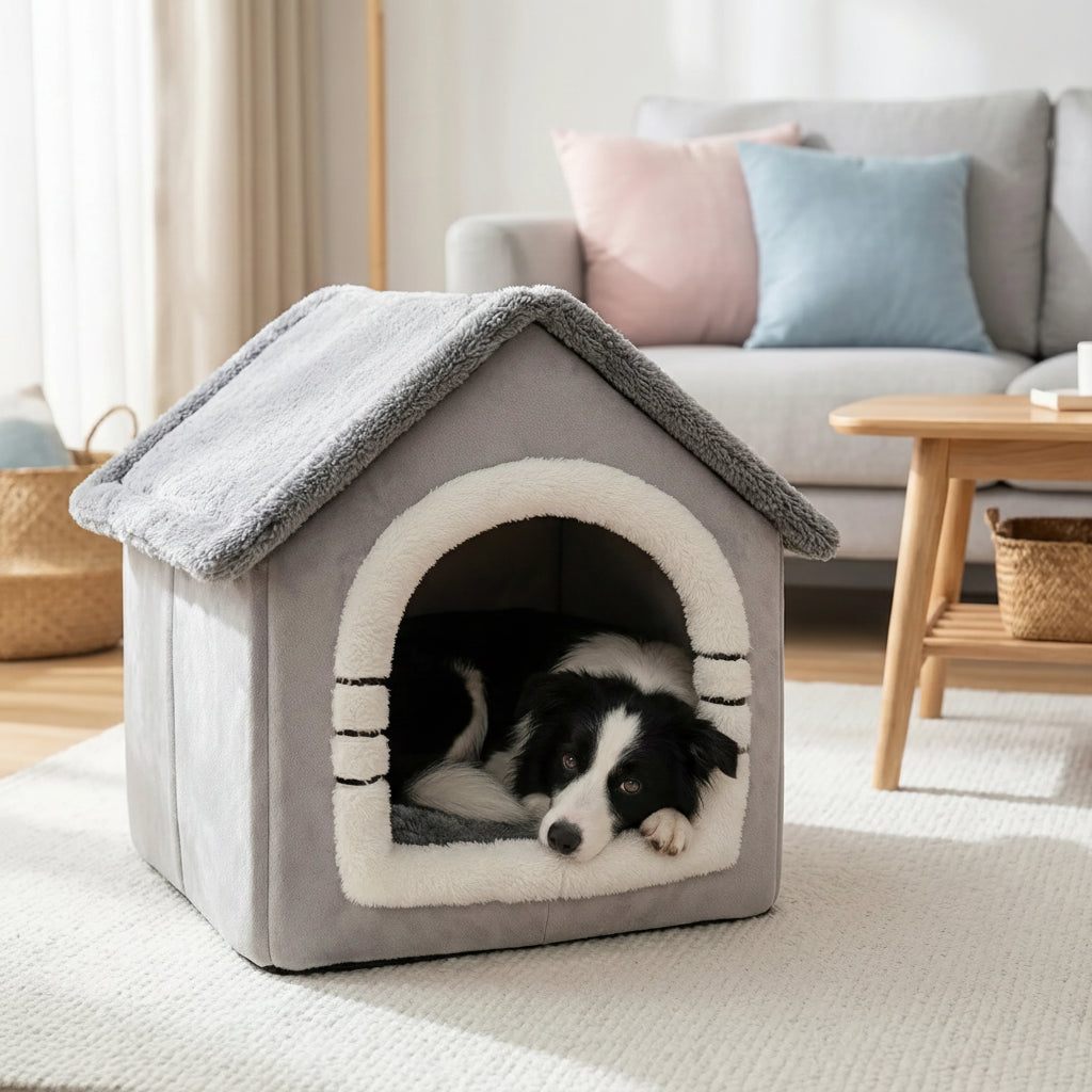 abri pour chien en tissu epais avec toit rabattu et interieur douillet