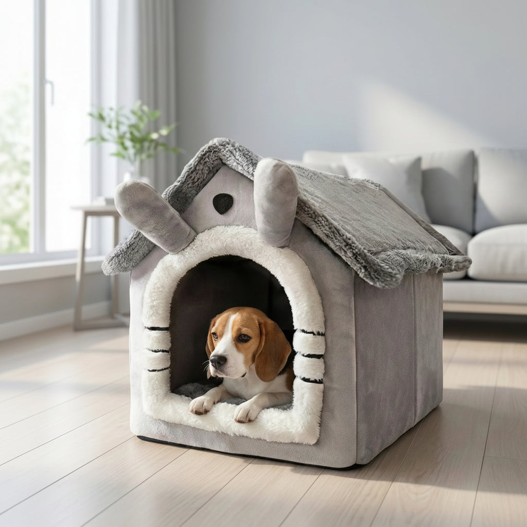 maison pour chien de forme cubique avec toit incline et entree arrondie