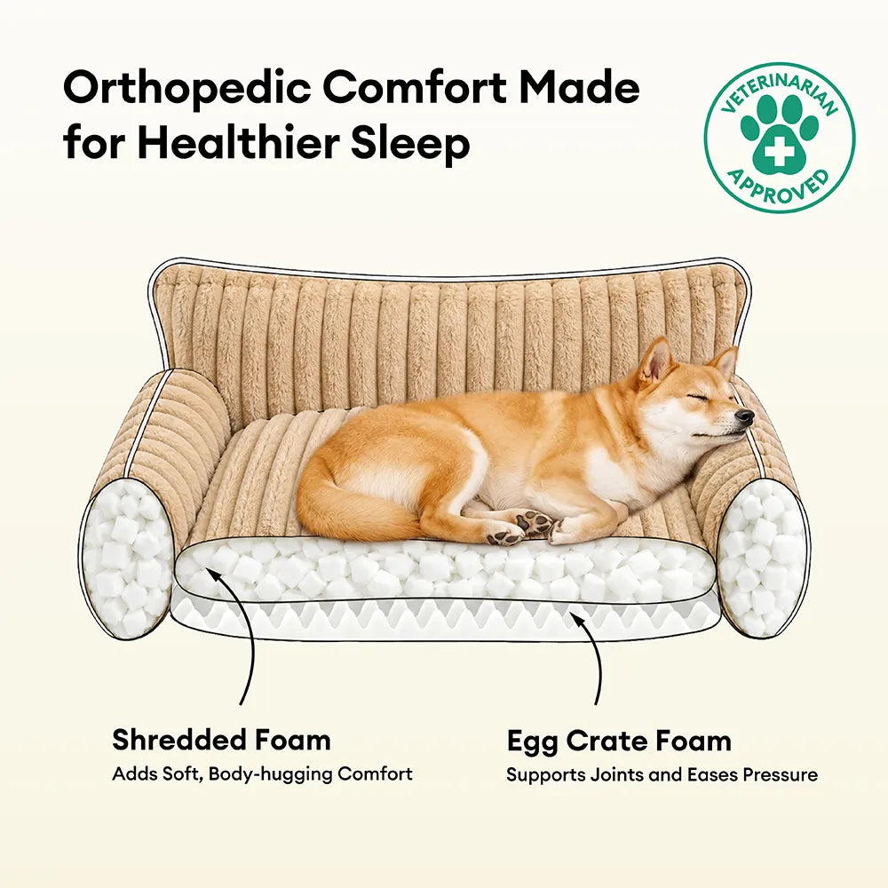 Sofa Orthopédique Best-Seller avec Appui-Tête pour Chien | Mousse Gaufrée, Fausse Fourrure, 8 Coloris