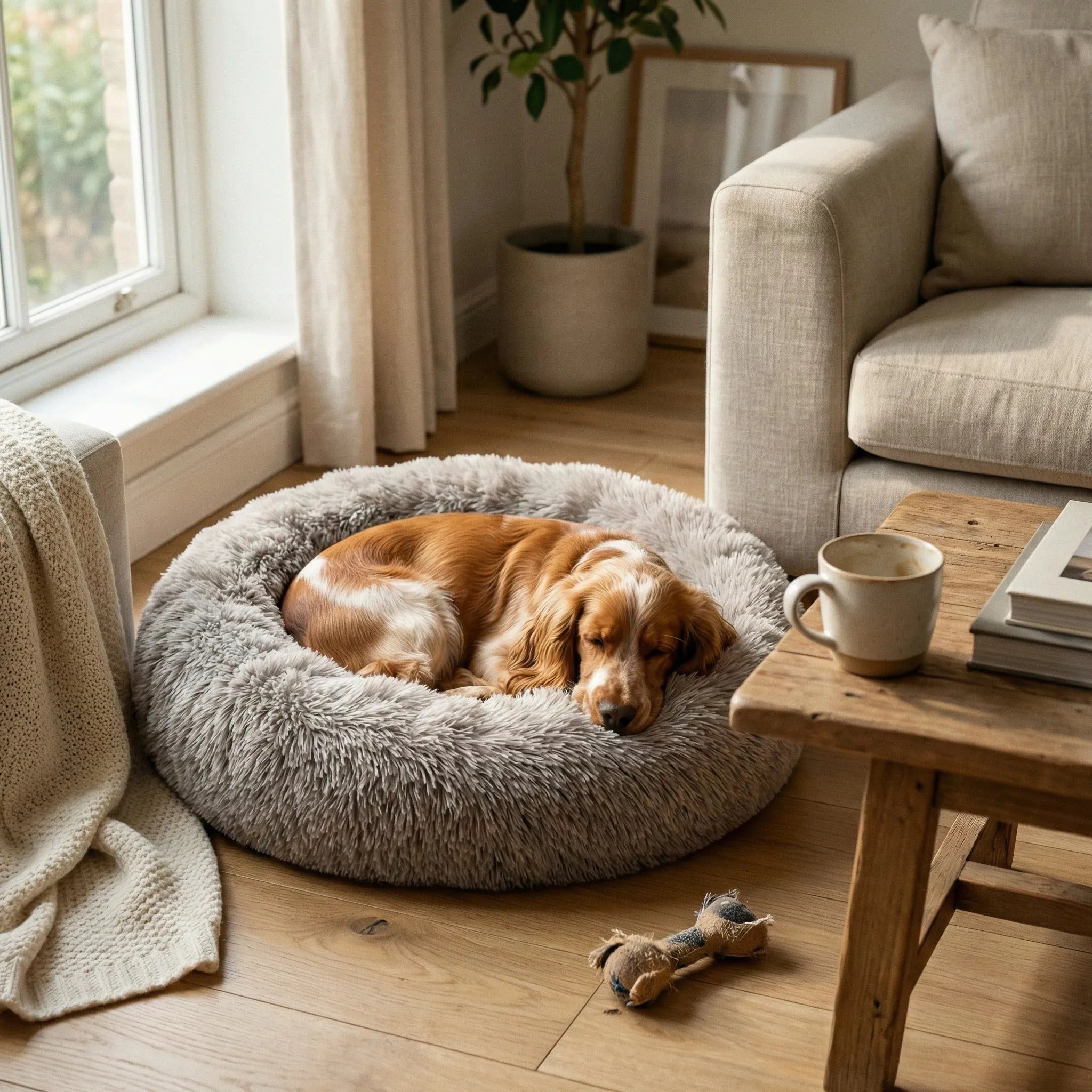 Panier rond pour chien en peluche beige à poils longs, vue de trois-quarts sur fond blanc.
