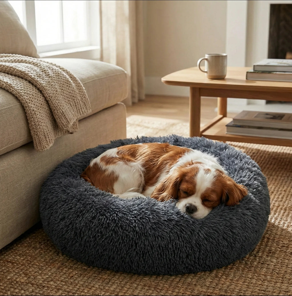 Panier rond pour animaux avec revêtement en peluche résistante, facile à entretenir et à nettoyer, sur fond blanc.