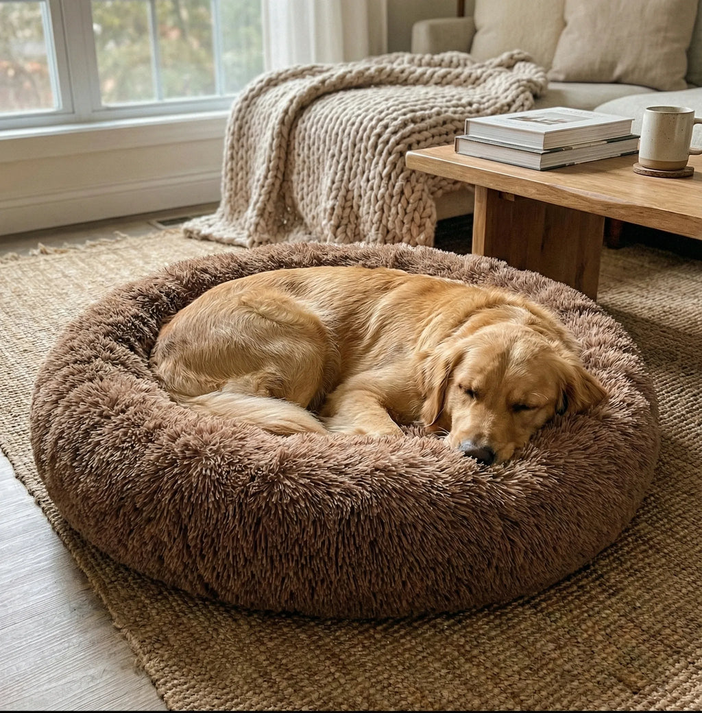 panier rond en peluche grise pour chien, idéal pour le confort thermique et le repos.