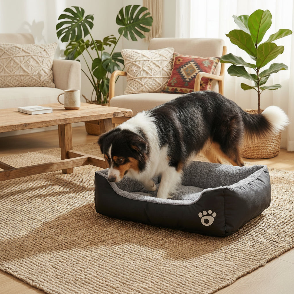 Couchage pour chien avec exterieur solide et interieur peluche epais
