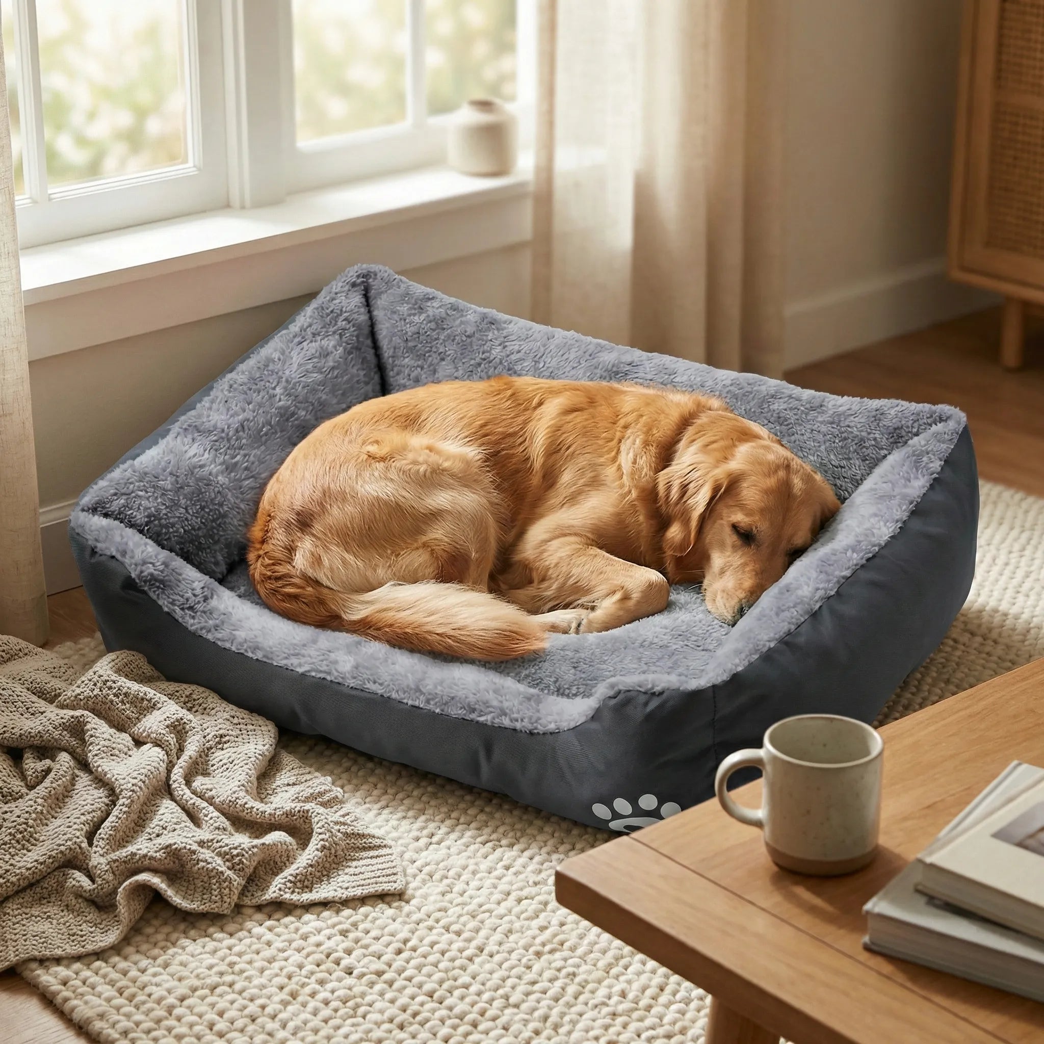 Couchage rectangulaire pour chien avec rembourrage interieur et maintien peripherique