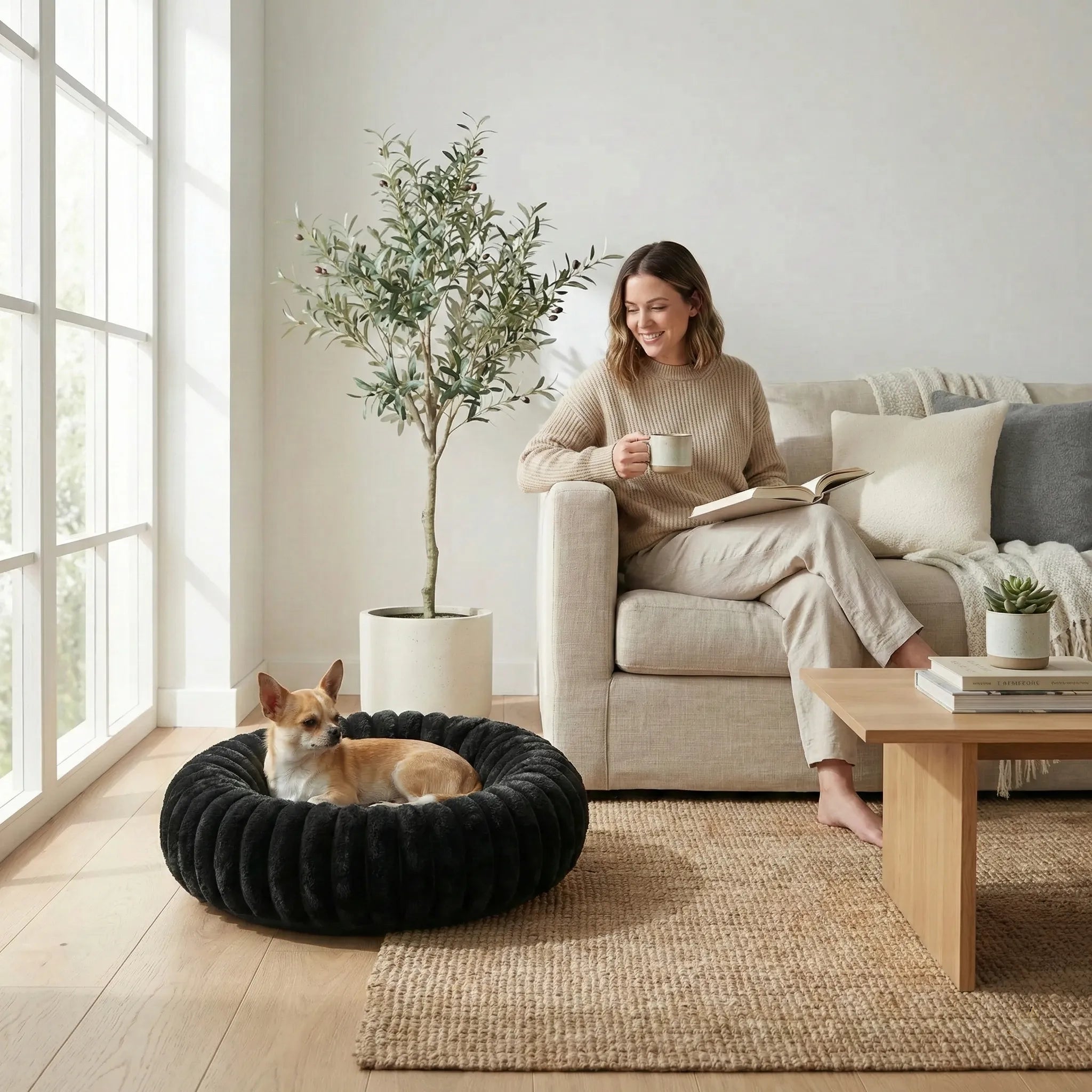 Panier rond pour chien avec structure matelassee et soutien integral