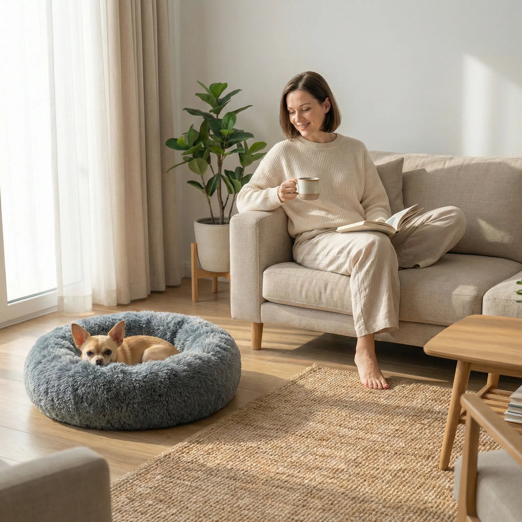 panier rond pour chien en tissu poilu avec rebords epais et base stable