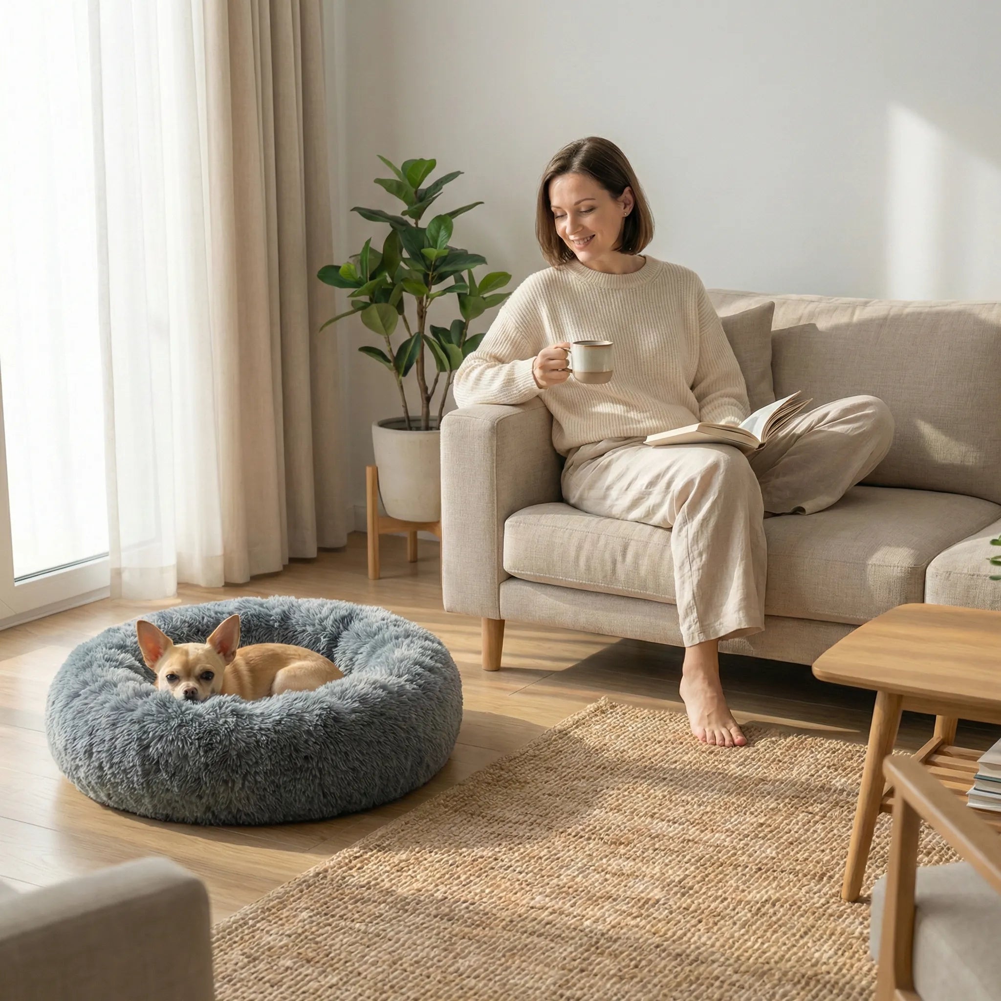 panier rond pour chien en tissu poilu avec rebords epais et base stable