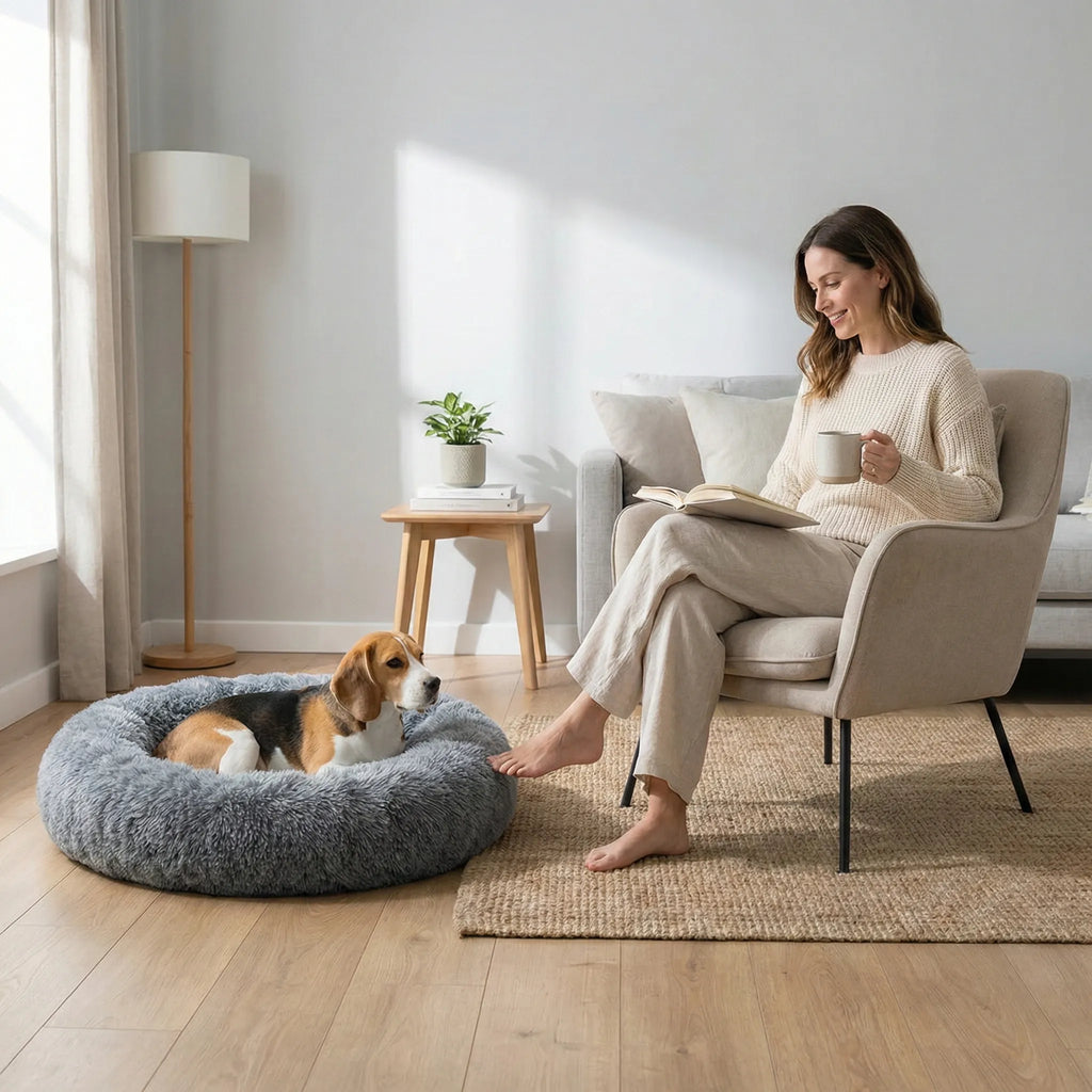 panier rond pour chien avec structure enveloppante et surface lisse