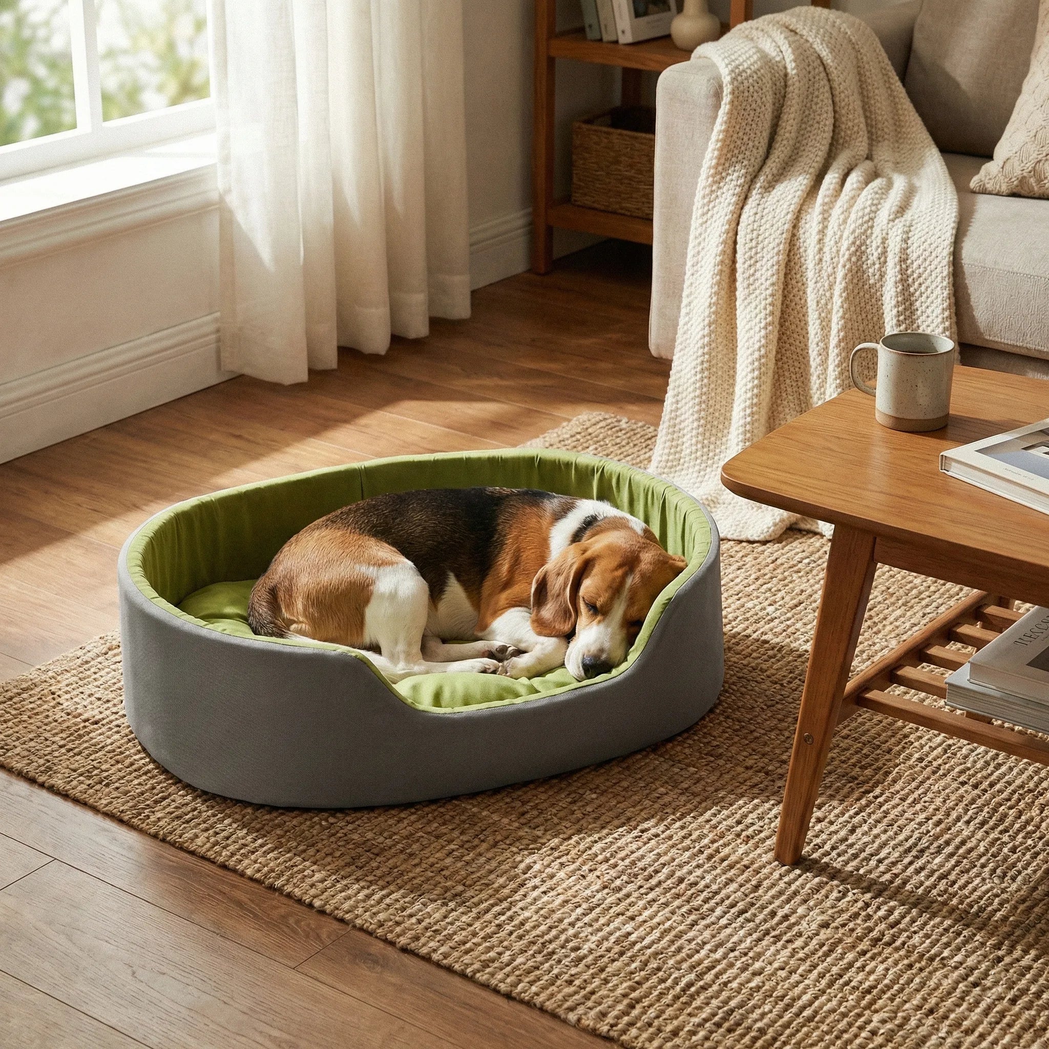 panier pour chien de forme courbe avec maintien perimetrique et centre capitonne