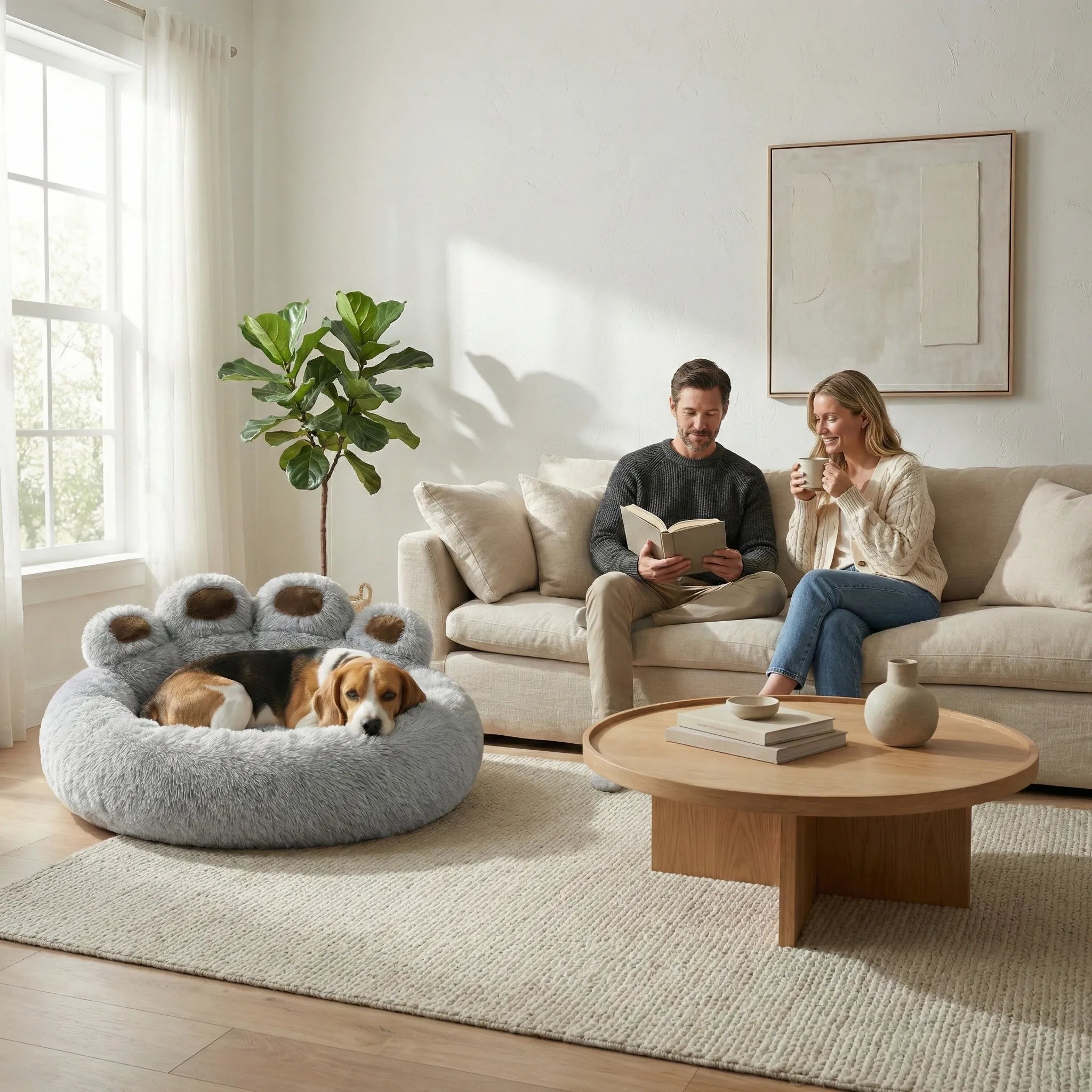 Coussin circulaire pour chien avec coussinets decoratifs et structure enveloppante