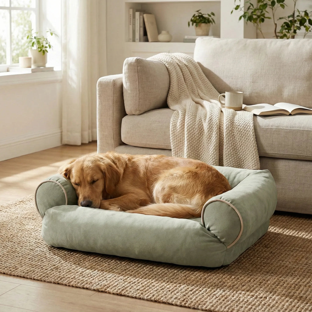 panier pour chien au design sofa avec accoudoirs arrondis