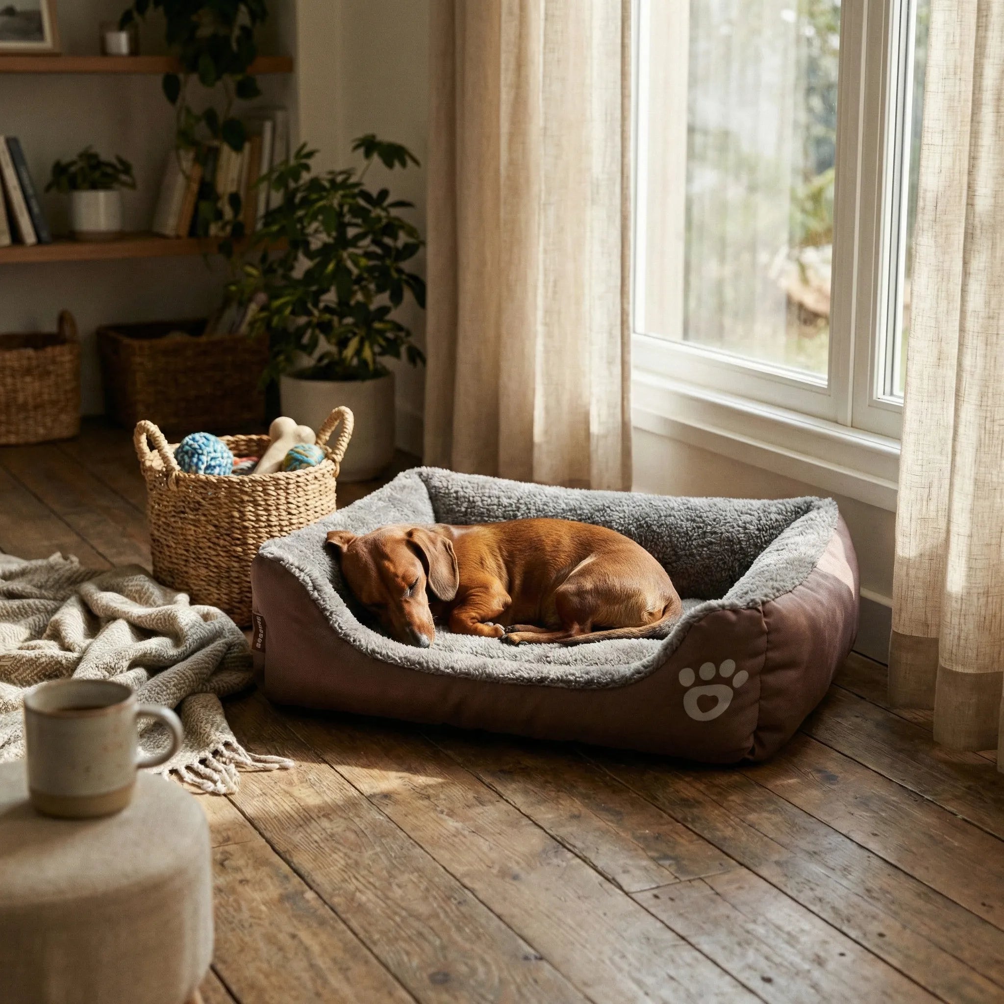 Panier rectangulaire pour chien avec interieur doux et rebords sur eleves pour un maintien rassurant