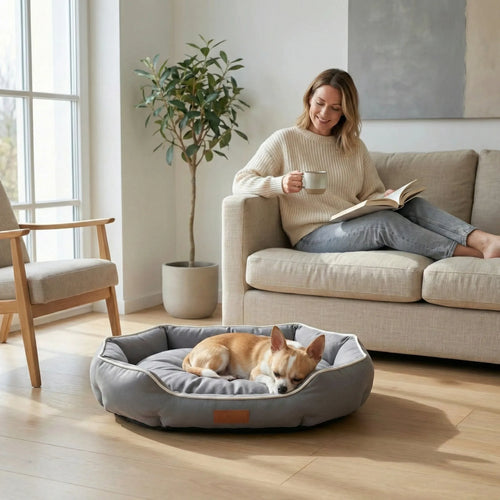 Couchage pour chien avec bords sureleves et base rembourree antideformation