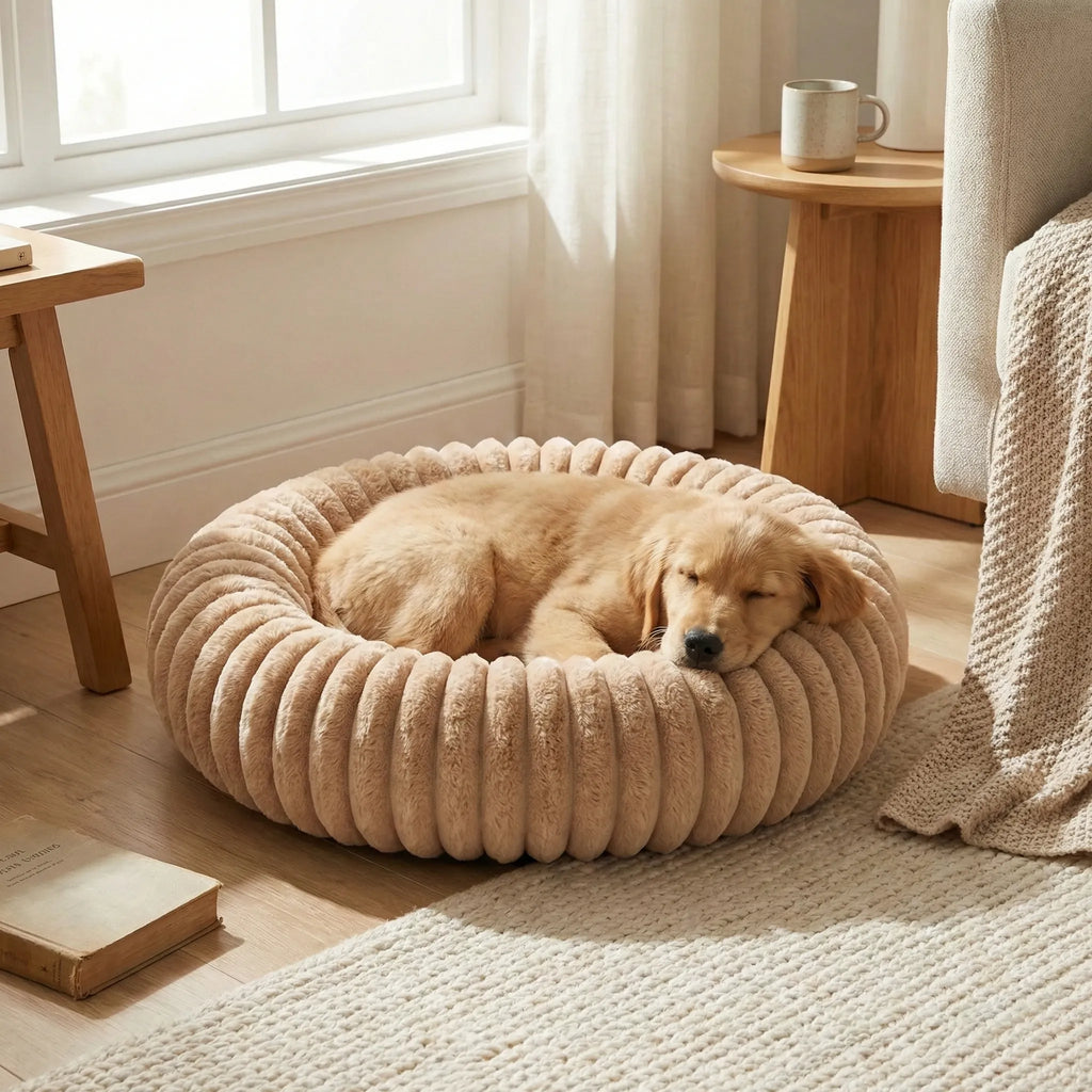Lit circulaire pour chien avec centre profond et contour protecteur