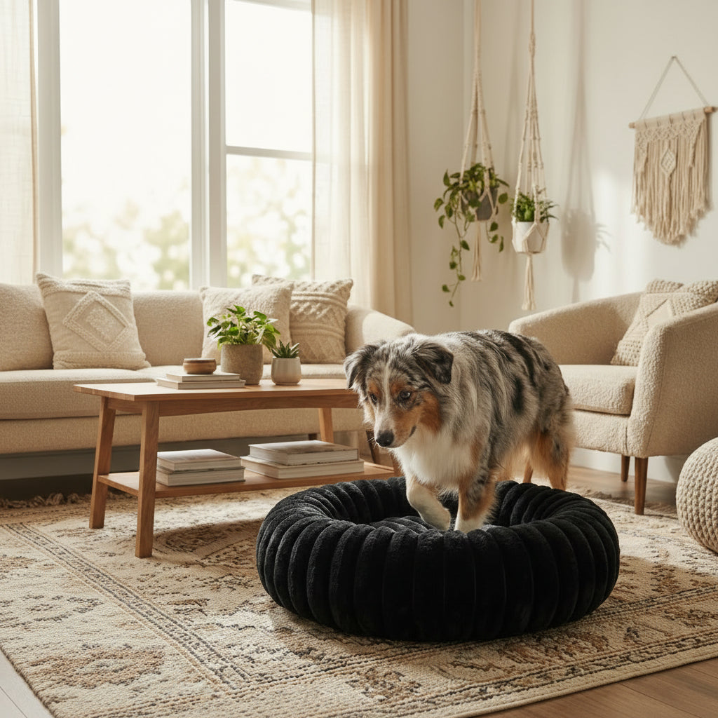 Couchage circulaire pour chien avec contour epais et centre moelleux