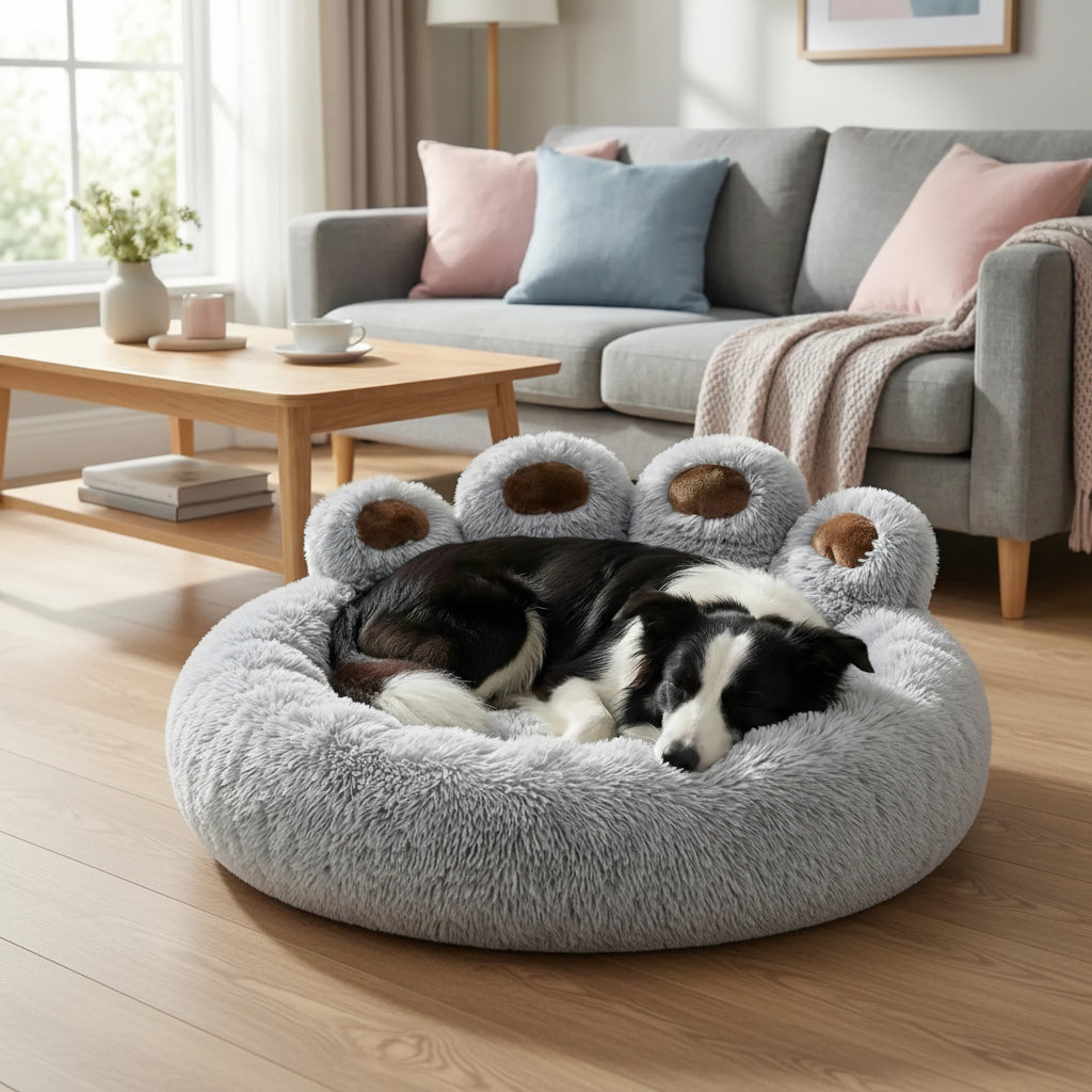 Couchage pour chien avec contour epais et details decoratifs en relief