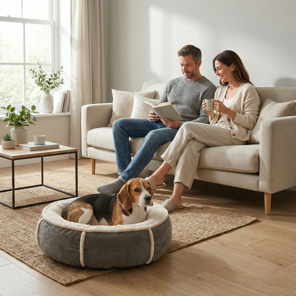 panier pour chien avec structure enveloppante et zone de repos plane