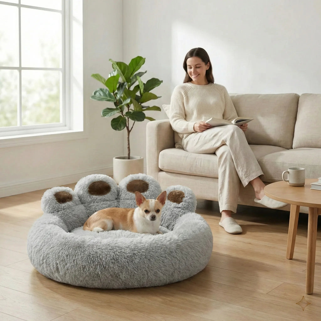 Coussin rond epais pour chien avec dossier en forme de coussinets et base profonde