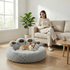 Coussin rond epais pour chien avec dossier en forme de coussinets et base profonde