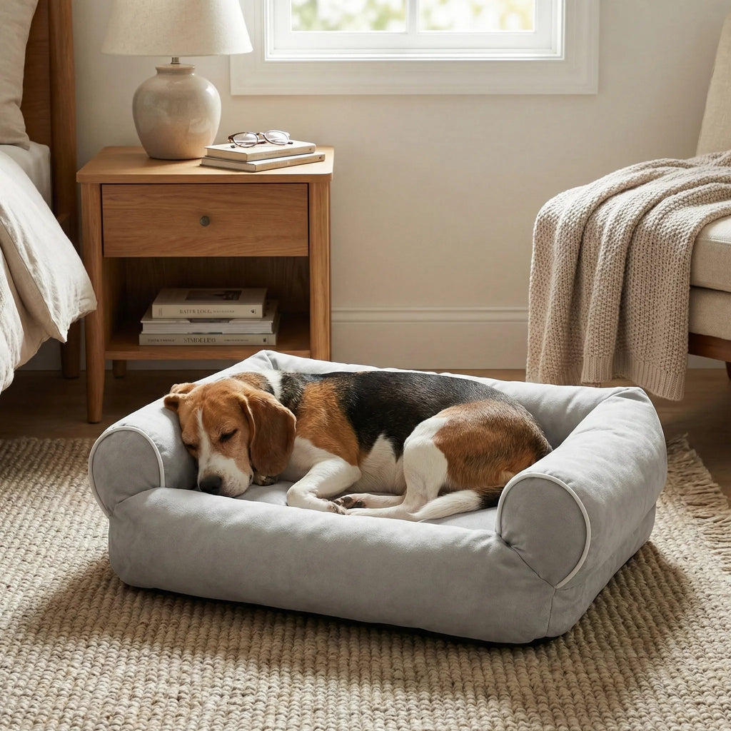 Panier pour chien avec bordures fermes et surface interieure matelassee